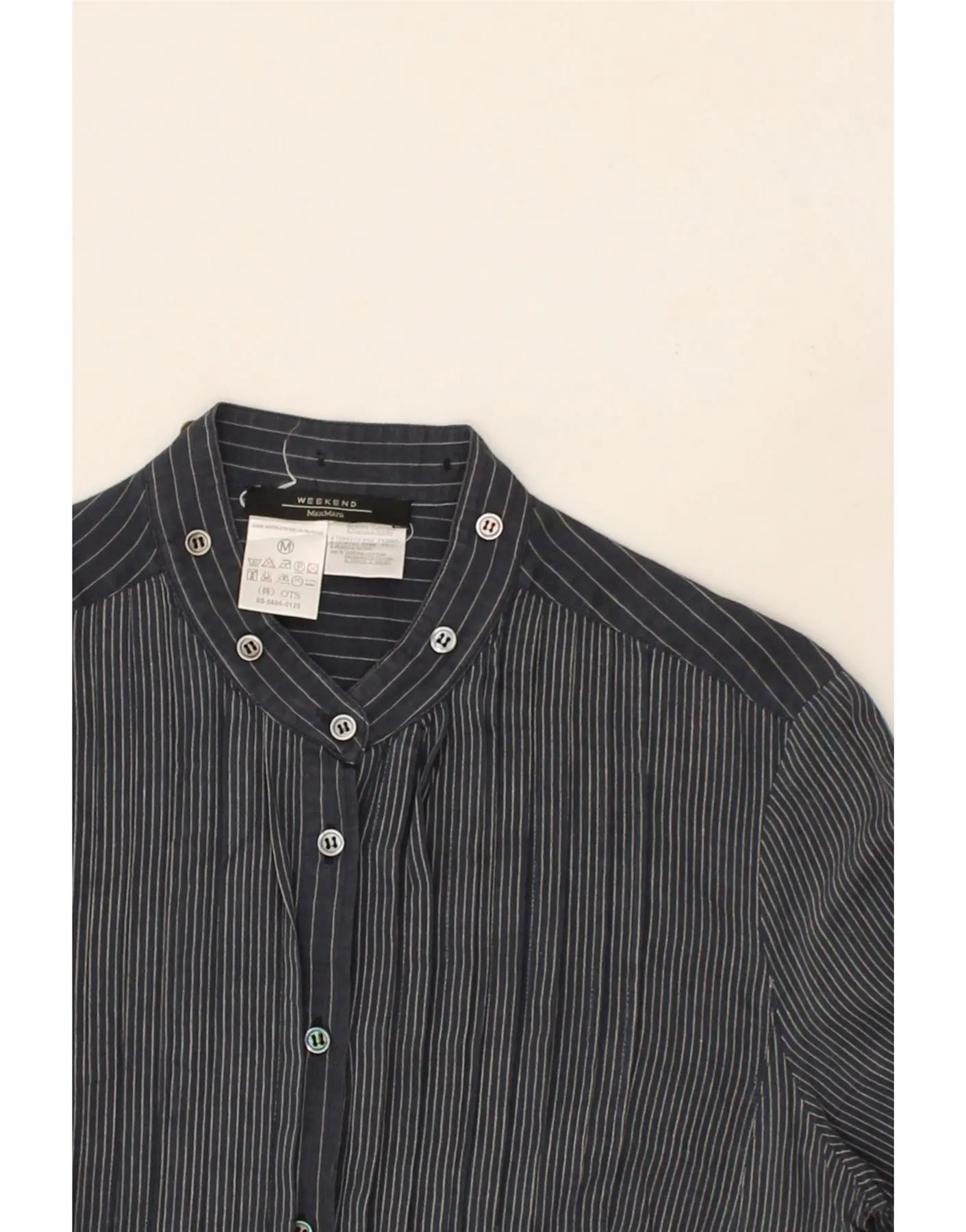 MAX MARA Womens Shirt Blouse UK 12 Medium Navy Blue Pinstripe Cotton